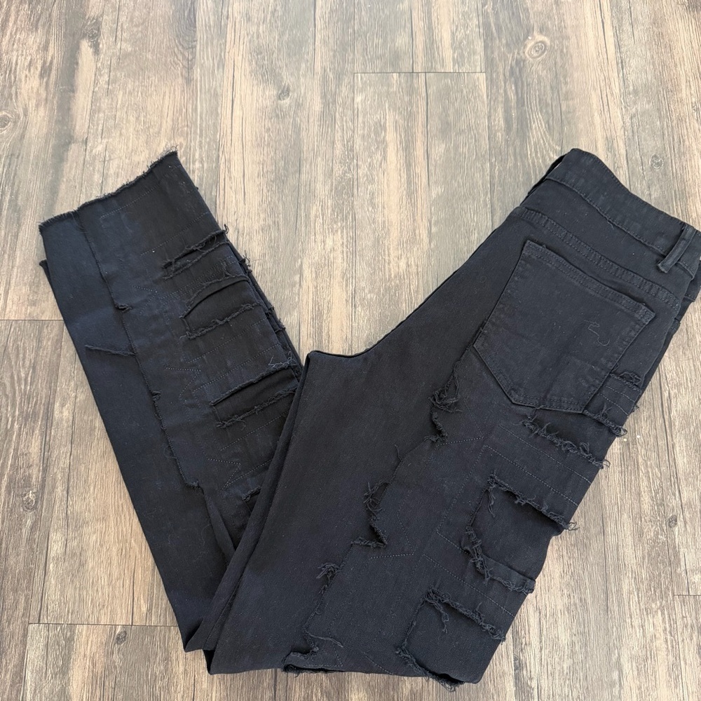Women’s Black Denim Stacked Jeans Black Distressed Straight Leg Mid Rise Y2K M - Picture 6 of 17